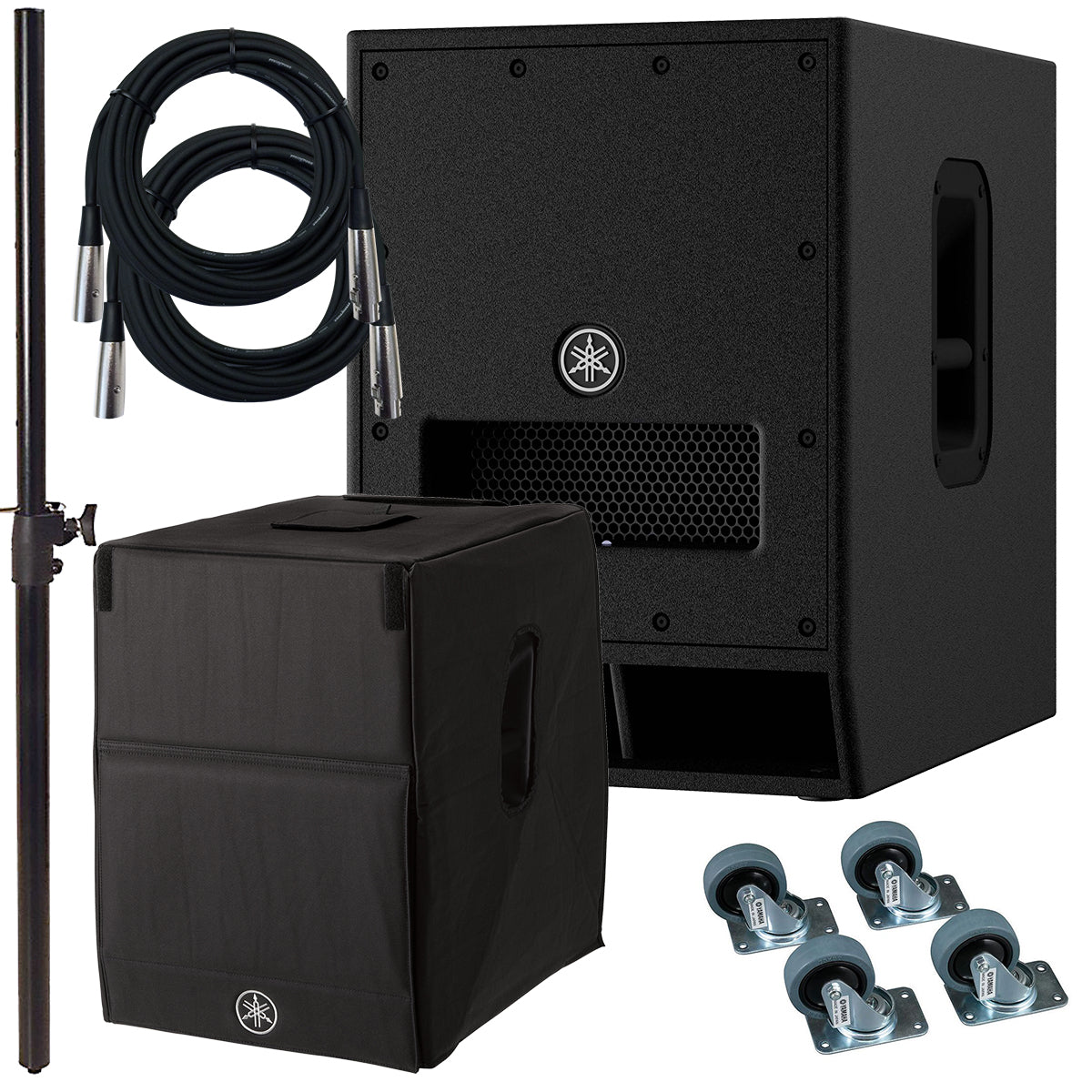Collage of the components in the Yamaha DXS12mkII Subwoofer STAGE RIG bundle