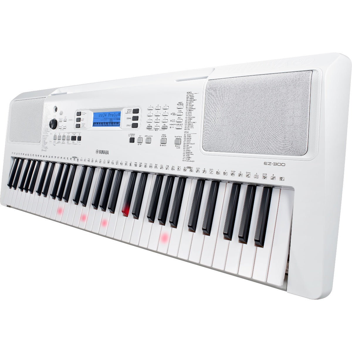 Perspective view of Yamaha EZ-300 Portable Keyboard showing top and right side