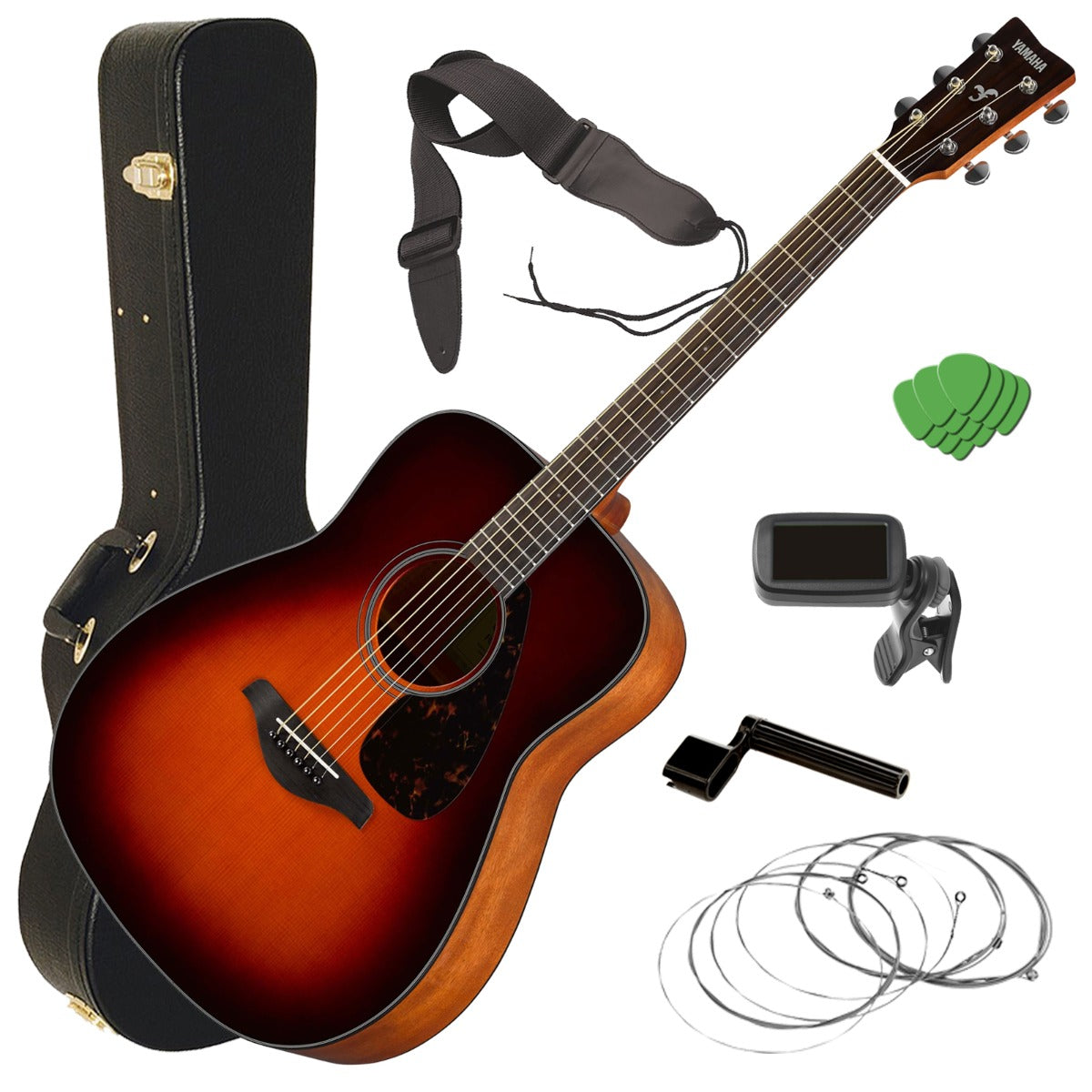 Collage image of the Yamaha FG800 Acoustic Guitar - Brown Sunburst STAGE ESSENTIALS BUNDLE