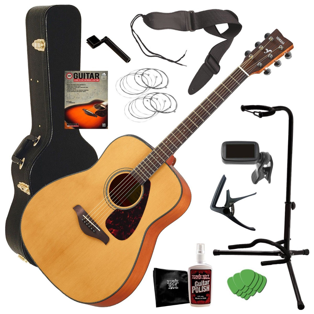 Collage image of the Yamaha FG800J Acoustic Guitar - Natural COMPLETE GUITAR BUNDLE