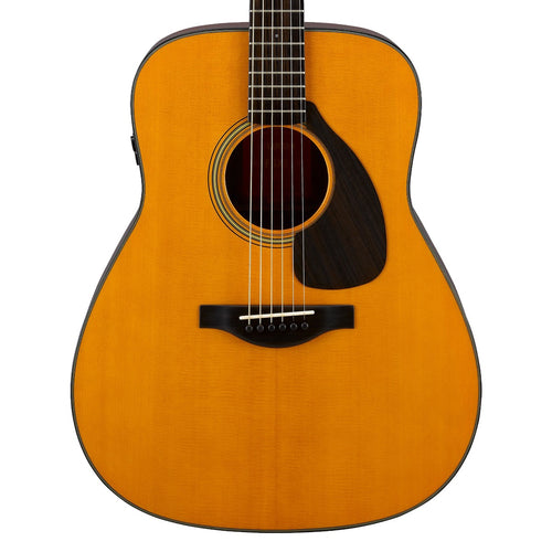 Close-up top view of Yamaha Red Label FGX5 Acoustic-Electric Guitar - Vintage Natural showing body and portion of fretboard