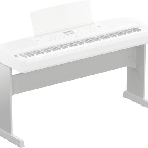 3/4 view of Yamaha L-300 Furniture-Style Piano Stand for DGX-670 - White with semi-transparent image of Yamaha DGX-670 Portable Grand Digital Piano - White (sold separately) for reference showing front, top and left side