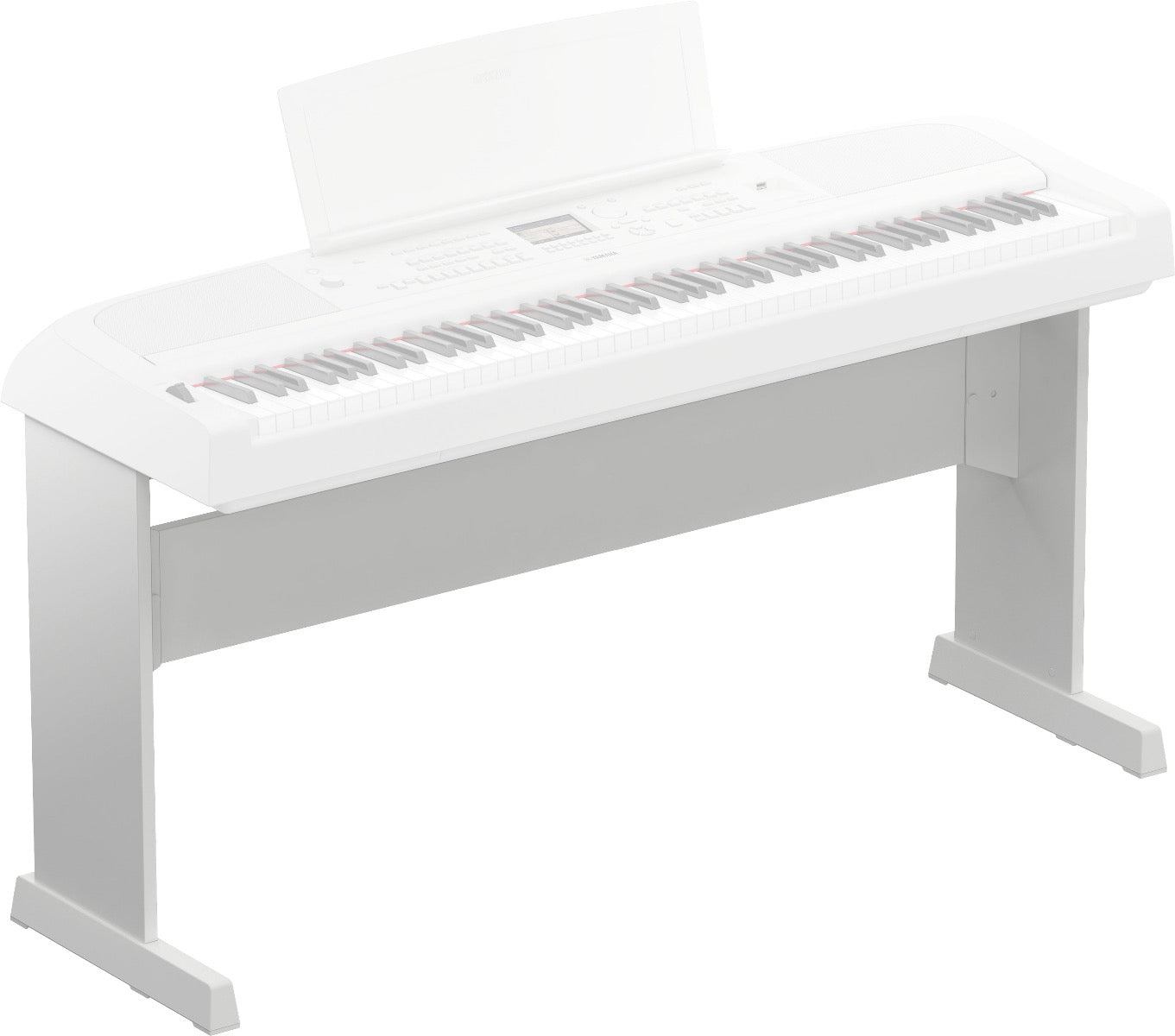 3/4 view of Yamaha L-300 Furniture-Style Piano Stand for DGX-670 - White with semi-transparent image of Yamaha DGX-670 Portable Grand Digital Piano - White (sold separately) for reference showing front, top and left side