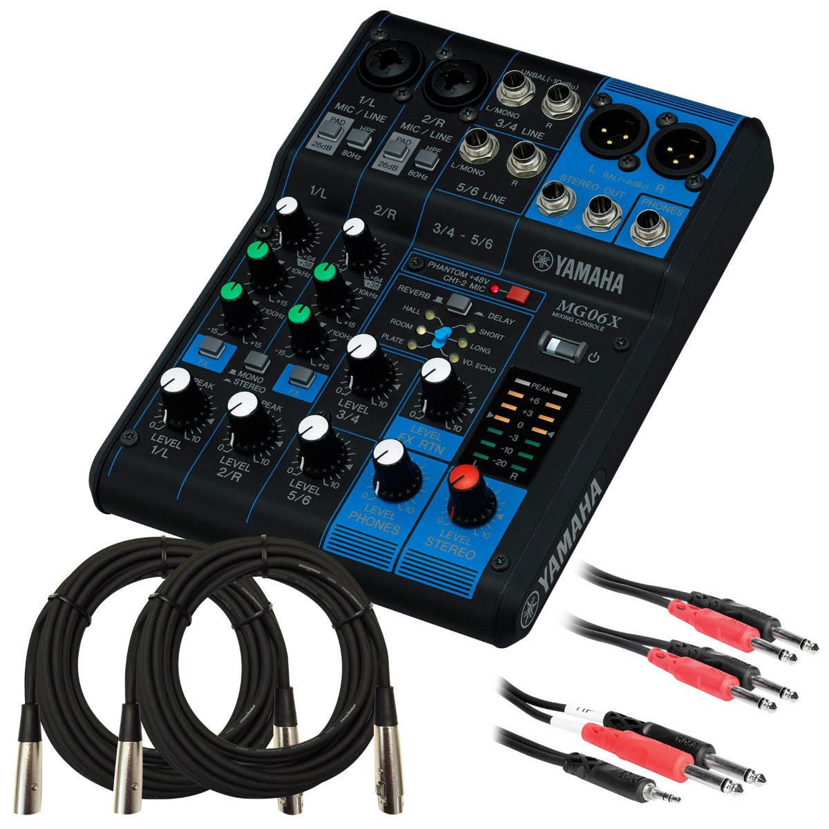 Collage of the components in the Yamaha MG06X 6-Channel Compact Stereo Mixer CABLE KIT bundle
