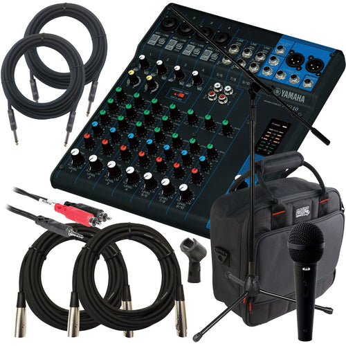Collage of the components in the Yamaha MG10 10-Channel Compact Stereo Mixer PERFORMER PAK bundle