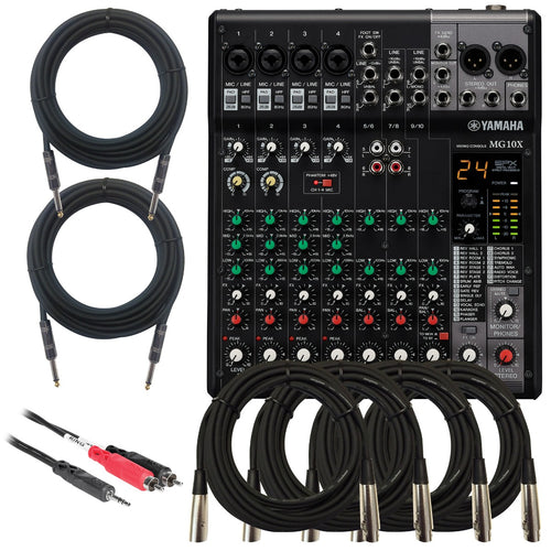 Collage of the components in the Yamaha MG10X 10-Input Stereo Mixer with Effects CABLE KIT bundle