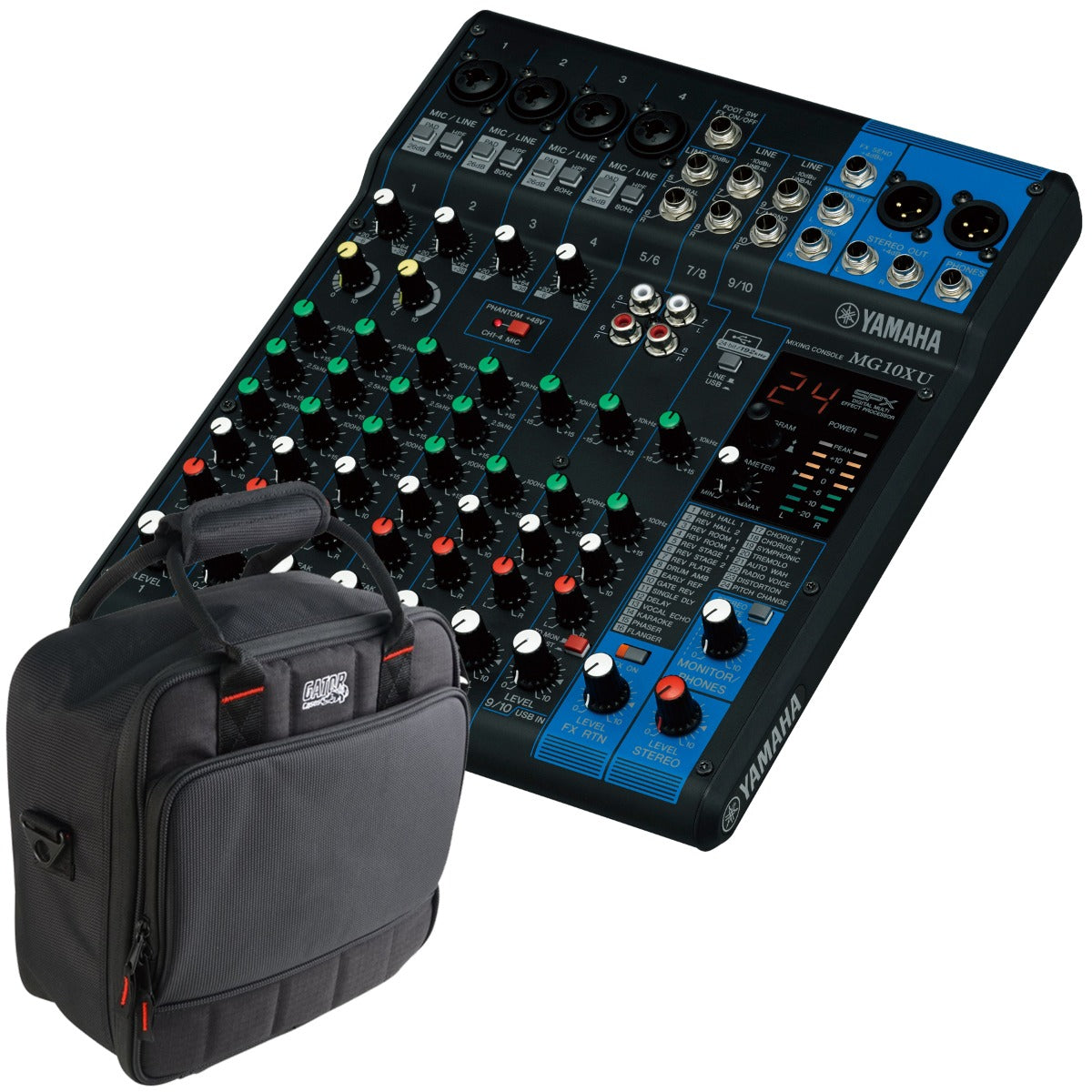 Collage of the components in the Yamaha MG10XU 10-Channel Compact Stereo Mixer/USB Interface CARRY BAG KIT bundle