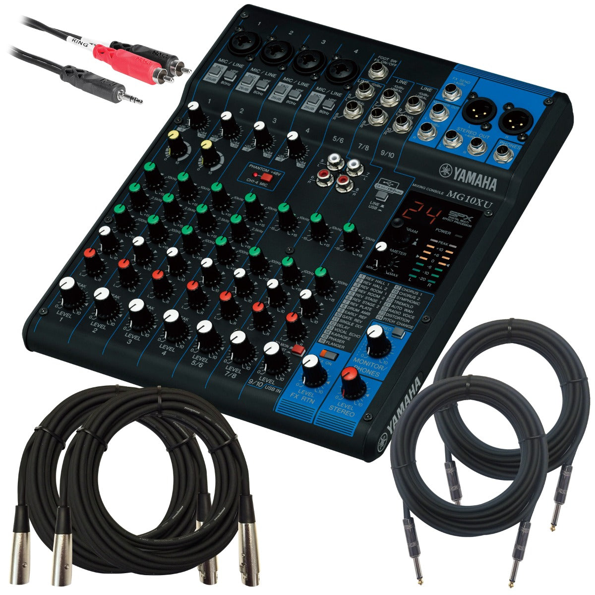 Collage of the components in the Yamaha MG10XU 10-Channel Compact Stereo Mixer and USB Audio Interface CABLE KIT bundle
