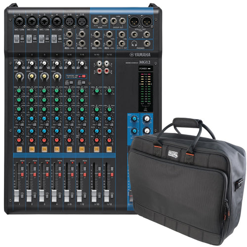 Collage of the components in the Yamaha MG12 12-Channel Compact Stereo Mixer CARRY BAG KIT bundle