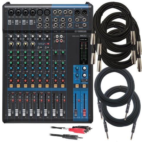 Collage of the components in the Yamaha MG12 12-Channel Compact Stereo Mixer CABLE KIT bundle