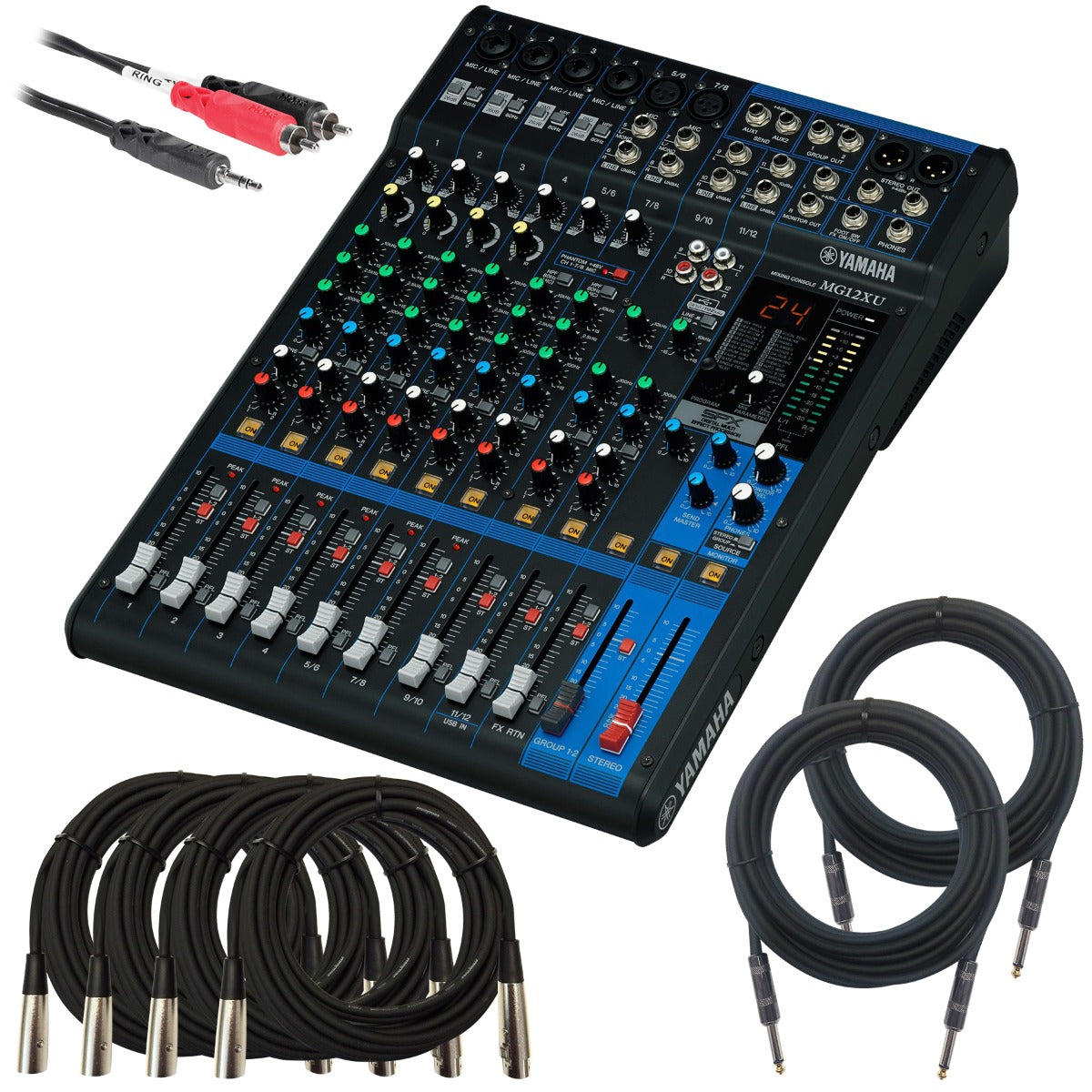 Collage of the components in the Yamaha MG12XU 12-Channel Compact Stereo Mixer and USB Audio Interface CABLE KIT bundle