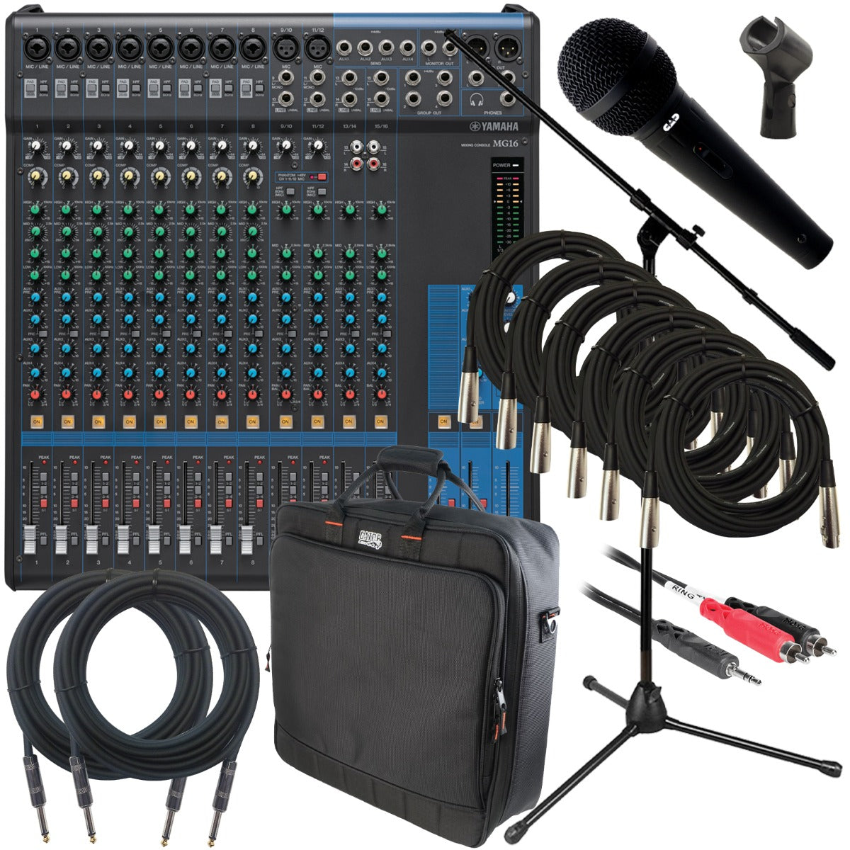 Collage of the components in the Yamaha MG16 16-Channel Stereo Mixer PERFORMER PAK bundle