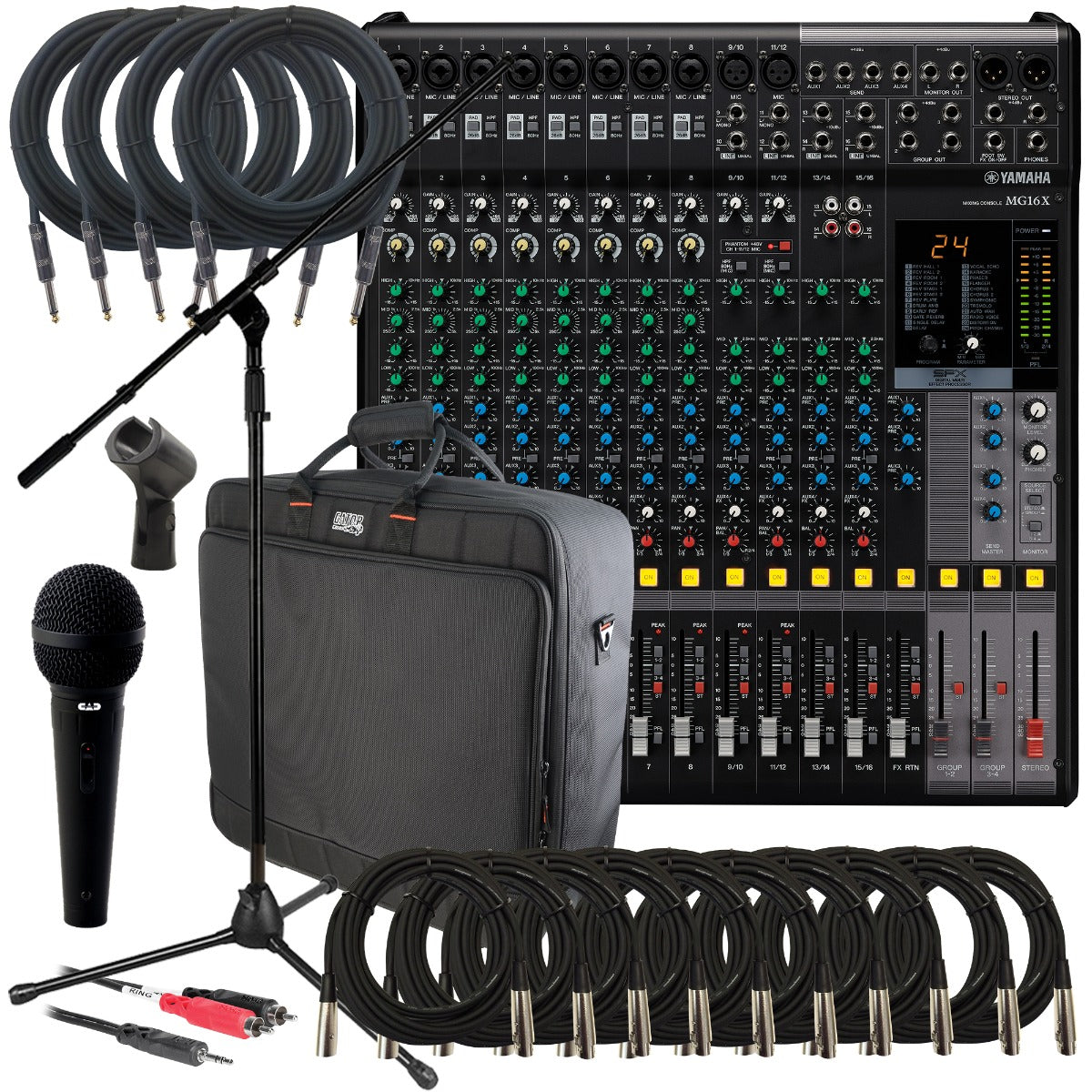Collage of the components in the Yamaha MG16X 16-Input Stereo Mixer with Effects PERFORMER PAK bundle