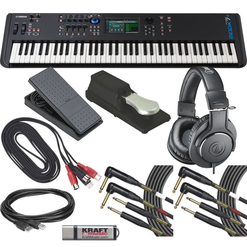 Collage showing components in Yamaha MODX7+ 76-Key Synthesizer Keyboard CABLE KIT
