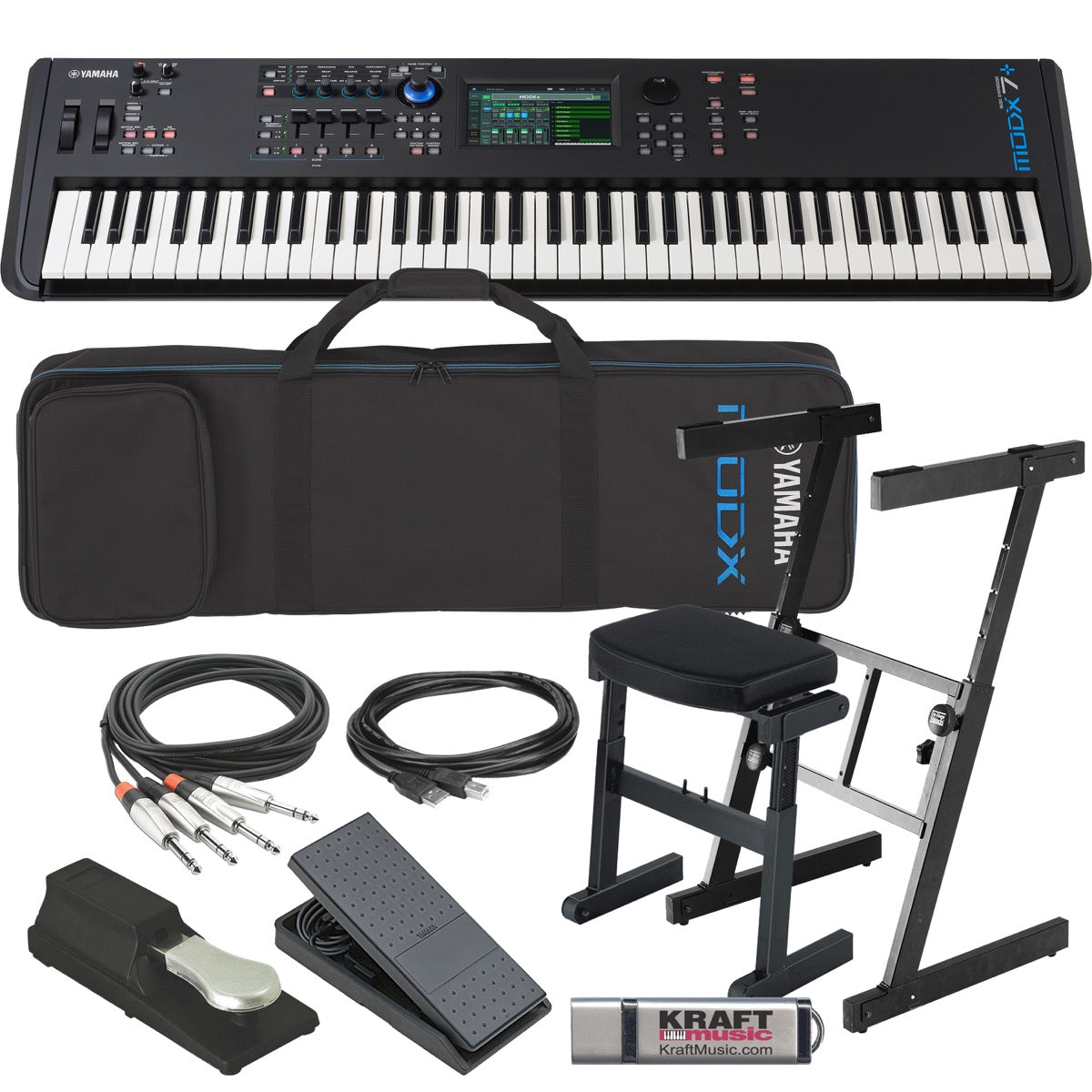 Collage showing components in Yamaha MODX7+ 76-Key Synthesizer Keyboard STAGE RIG