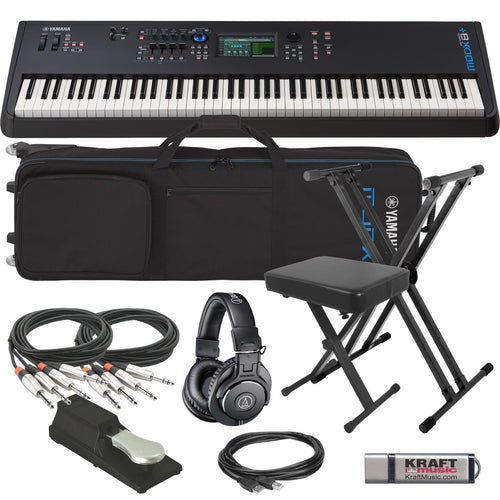 Collage showing components in Yamaha MODX8+ 88-Key Synthesizer Keyboard KEY ESSENTIALS BUNDLE