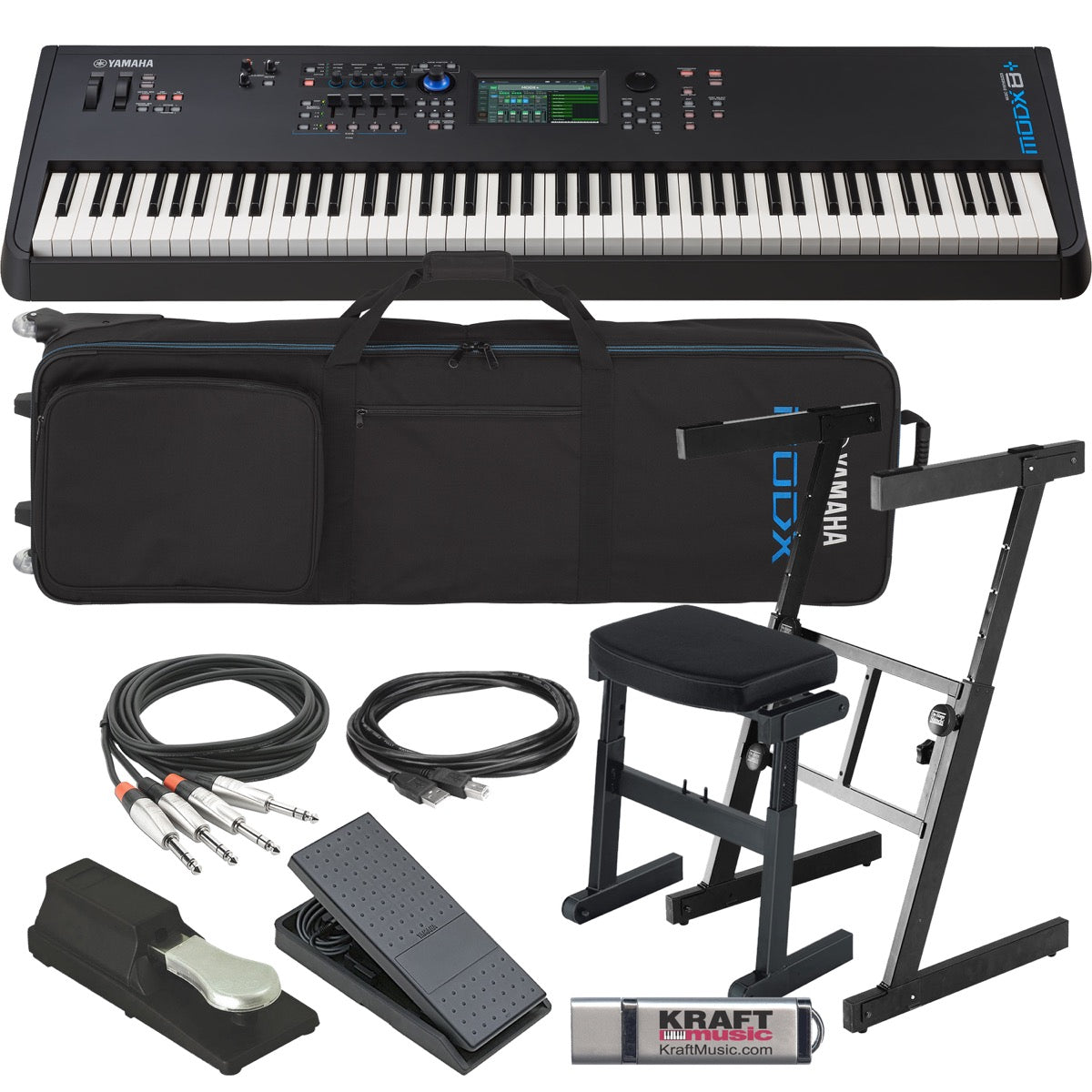 Collage showing components in Yamaha MODX8+ 88-Key Synthesizer Keyboard STAGE RIG