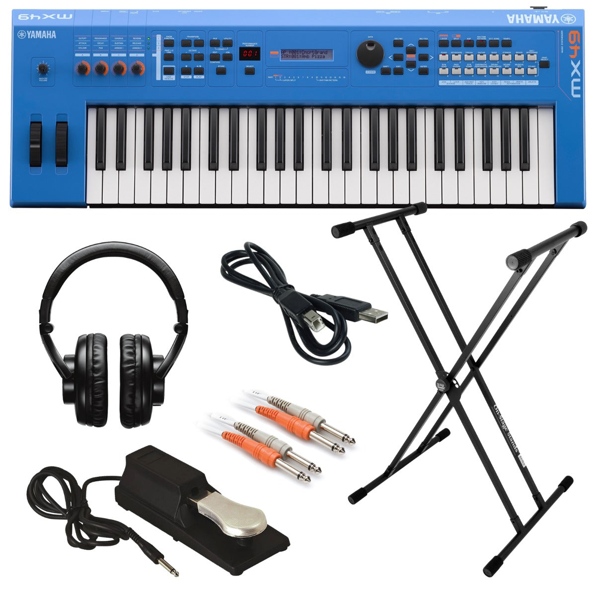 Collage image of the Yamaha MX49 Music Synthesizer - Blue KEY ESSENTIALS BUNDLE