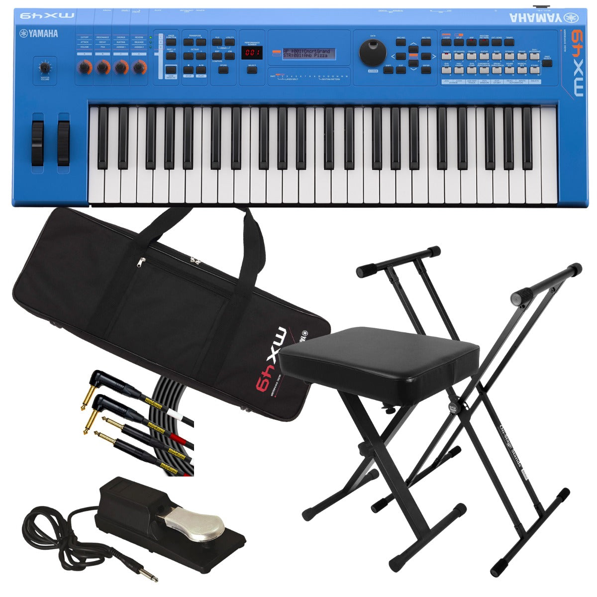 Collage image of the Yamaha MX49 Music Synthesizer - Blue STAGE ESSENTIALS BUNDLE