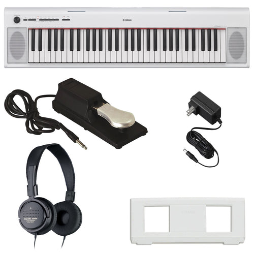 Collage of everything included with the Yamaha Piaggero NP12 61-Key Portable Keyboard with Power Adapter - White BONUS PAK