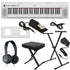 Collage of everything included with the Yamaha Piaggero NP12 61-Key Portable Keyboard with Power Adapter - White KEY ESSENTIALS BUNDLE