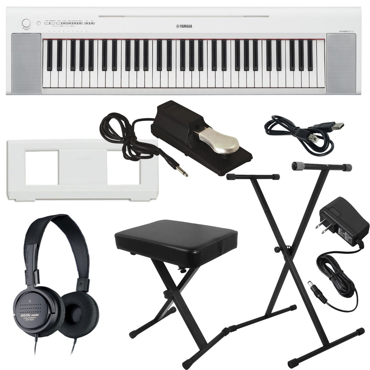 Yamaha Piaggero NP-15 61-Key Portable Keyboard - White KEY ESSENTIALS BUNDLE