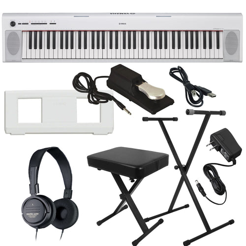 Collage of everything included with the Yamaha Piaggero NP32 76-Key Portable Keyboard with Power Adapter - White KEY ESSENTIALS BUNDLE