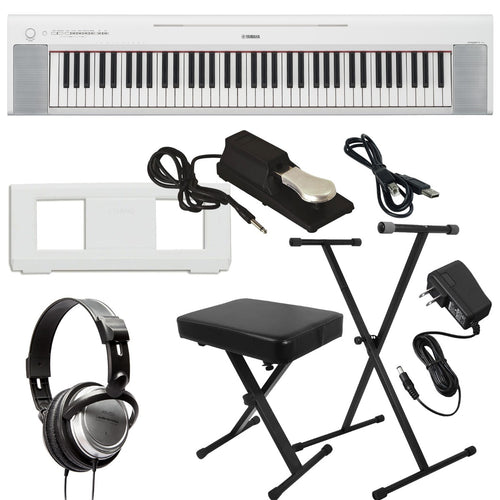 Collage image of the Yamaha Piaggero NP35 76-Key Portable Keyboard with Power Adapter - White KEY ESSENTIALS BUNDLE