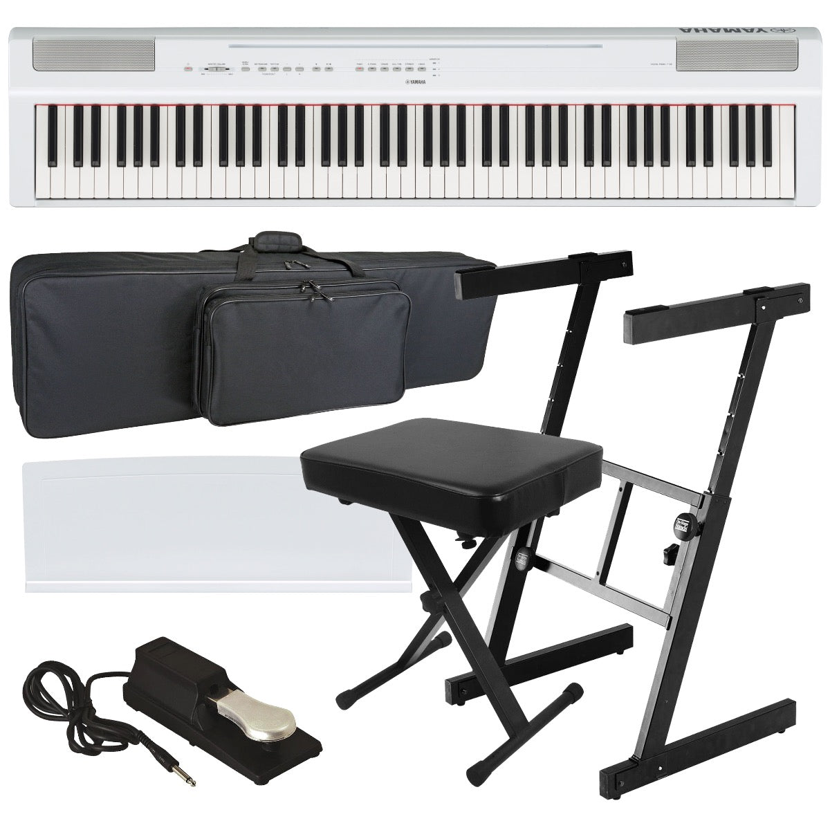 Collage image of the Yamaha P-125a Digital Piano - White STAGE ESSENTIALS BUNDLE