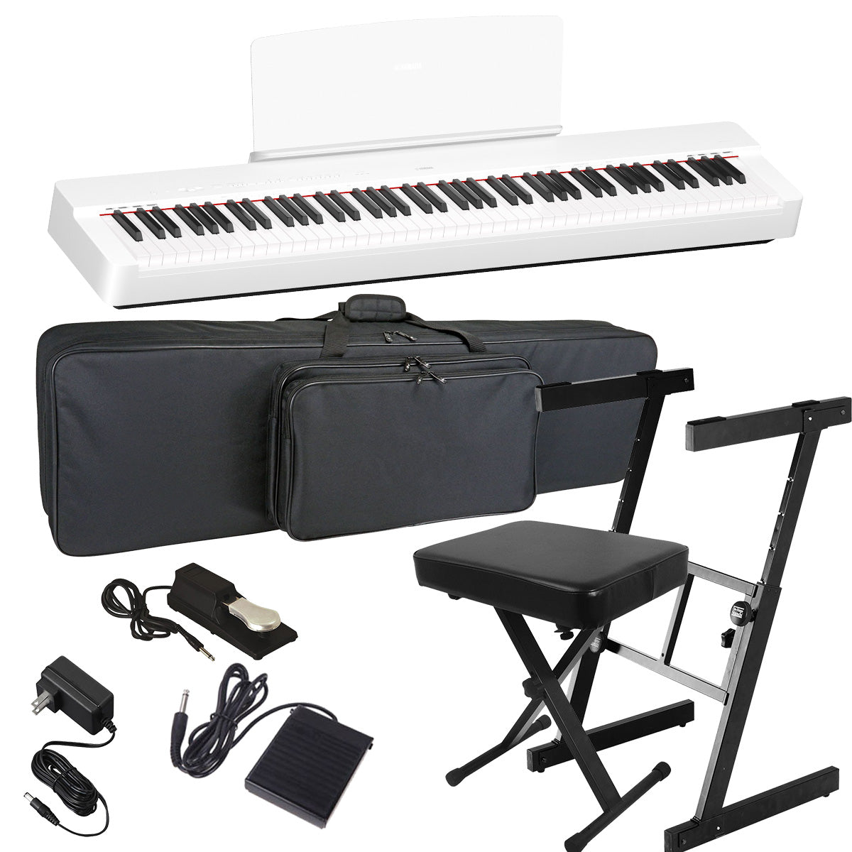 Collage image of the Yamaha P225WH Digital Piano - White STAGE ESSENTIALS BUNDLE