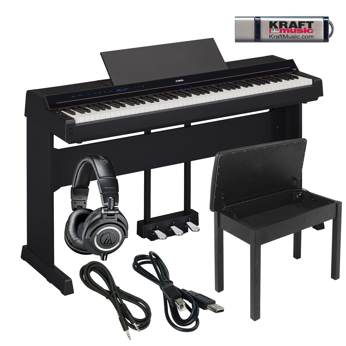 Collage of everything that is included with the Yamaha P-S500 Digital Piano - Black COMPLETE HOME BUNDLE
