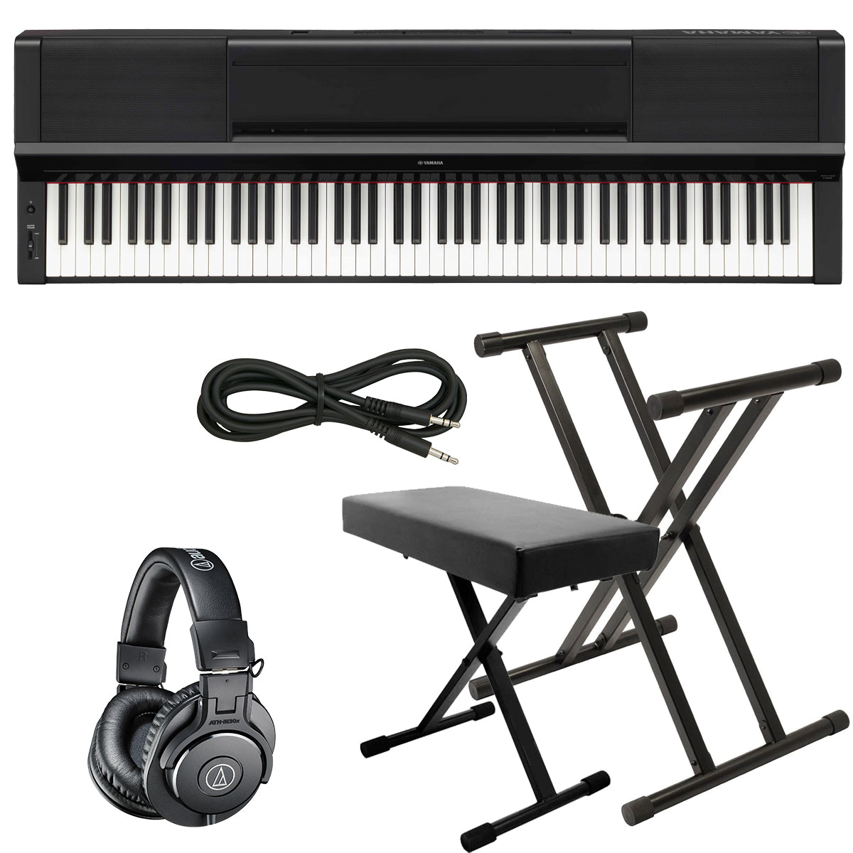 Collage of everything that is included with the Yamaha P-S500 Digital Piano - Black KEY ESSENTIALS BUNDLE