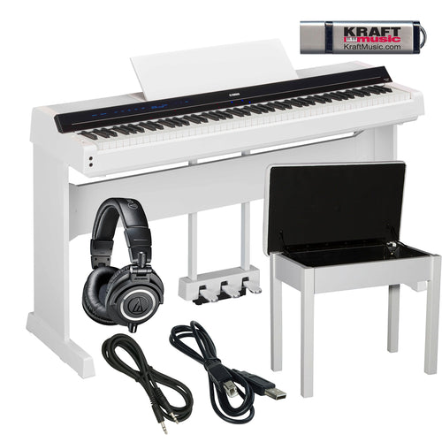 Collage of everything that is included with the Yamaha P-S500 Digital Piano - White COMPLETE HOME BUNDLE