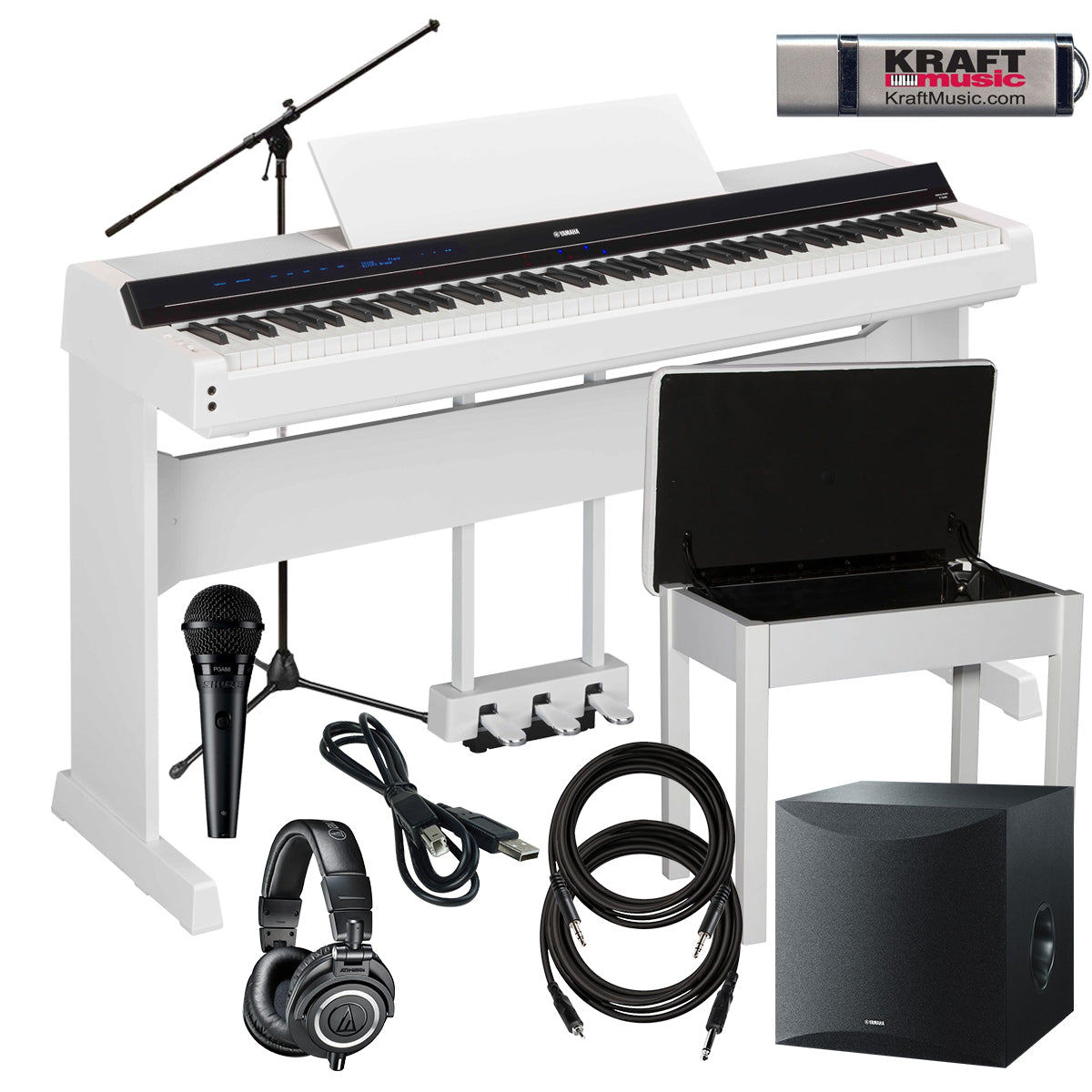 Collage of everything that is included with the Yamaha P-S500 Digital Piano - White COMPLETE HOME BUNDLE PLUS