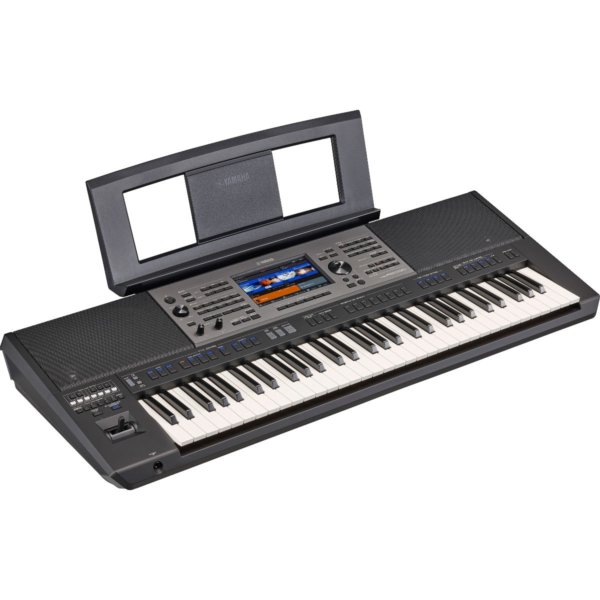 3/4 view of Yamaha PSR-A5000 Arranger Workstation Keyboard with music rest attached showing top, front and left side