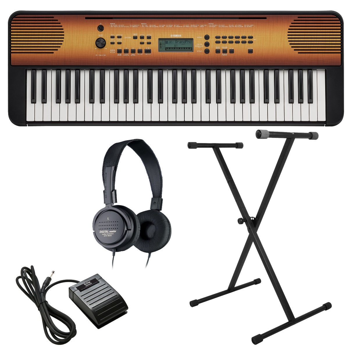 Collage image of the Yamaha PSR-E360 Portable Keyboard - Maple KEY ESSENTIALS BUNDLE