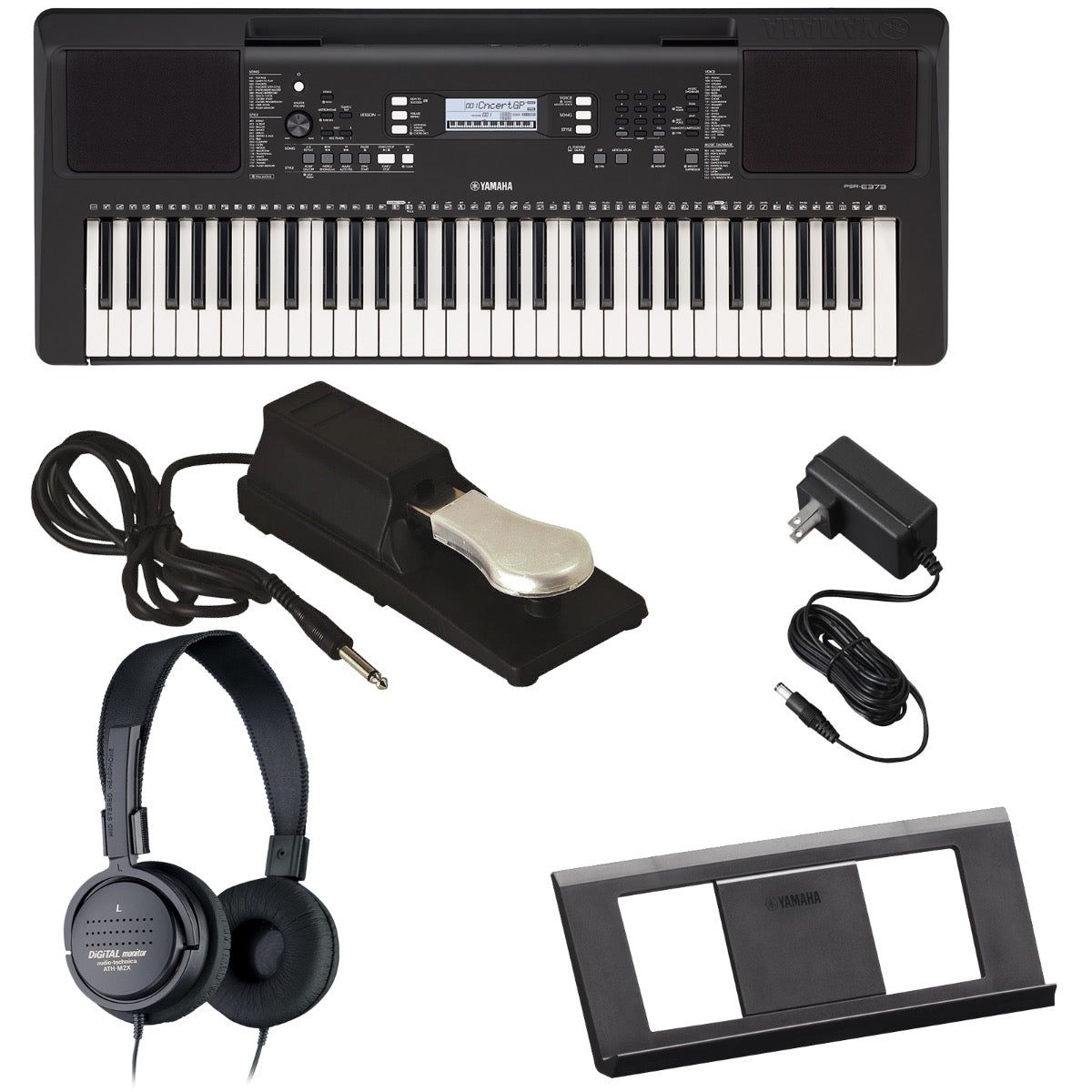 Collage of everything included with the Yamaha PSR-E373 Portable Keyboard with Power Adapter BONUS PAK