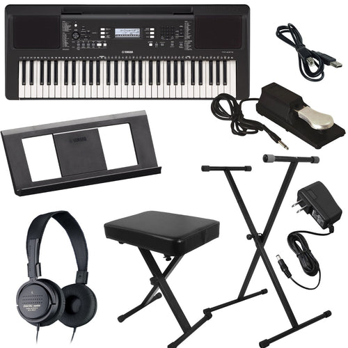 Collage of everything included with the Yamaha PSR-E373 Portable Keyboard with Power Adapter KEY ESSENTIALS BUNDLE
