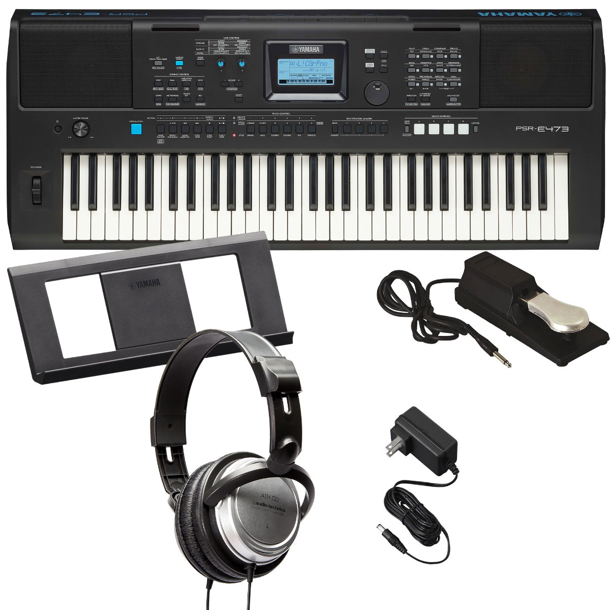 Collage of the Yamaha PSR-E473 61-Note Portable Keyboard BONUS PAK showing included components