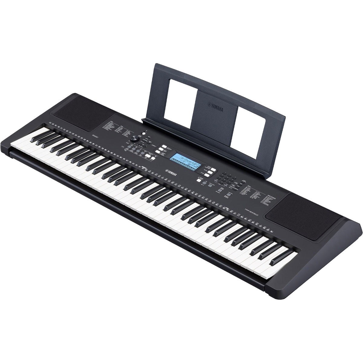 3/4 view of Yamaha PSR-EW310 Portable Keyboard with music rest installed showing top, front and right side