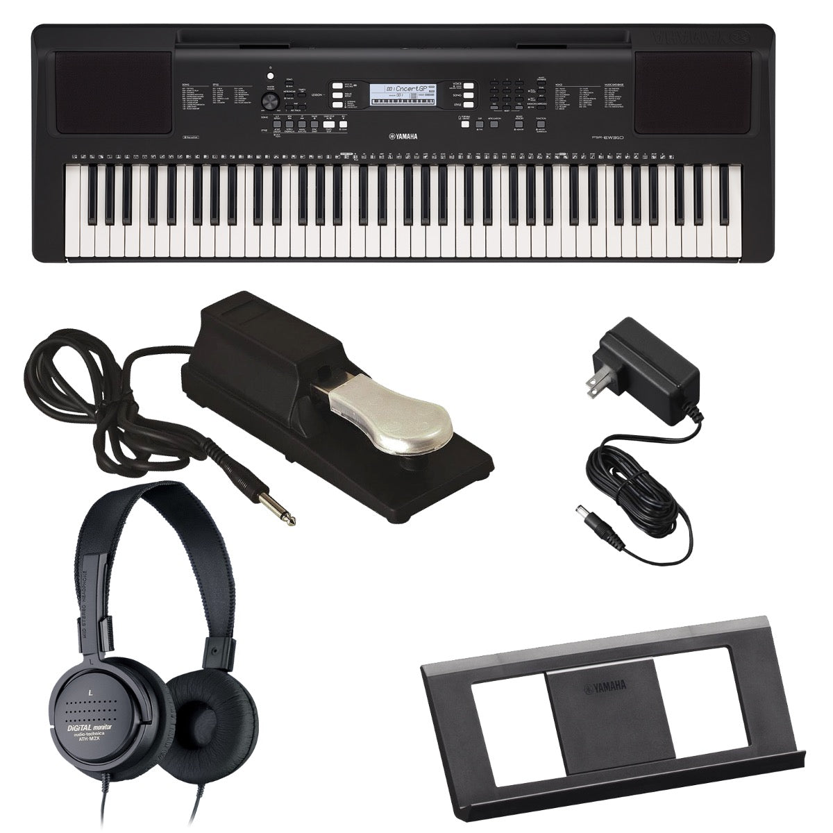 Collage of everything included with the Yamaha PSR-EW310 Portable Keyboard with Power Adapter BONUS PAK