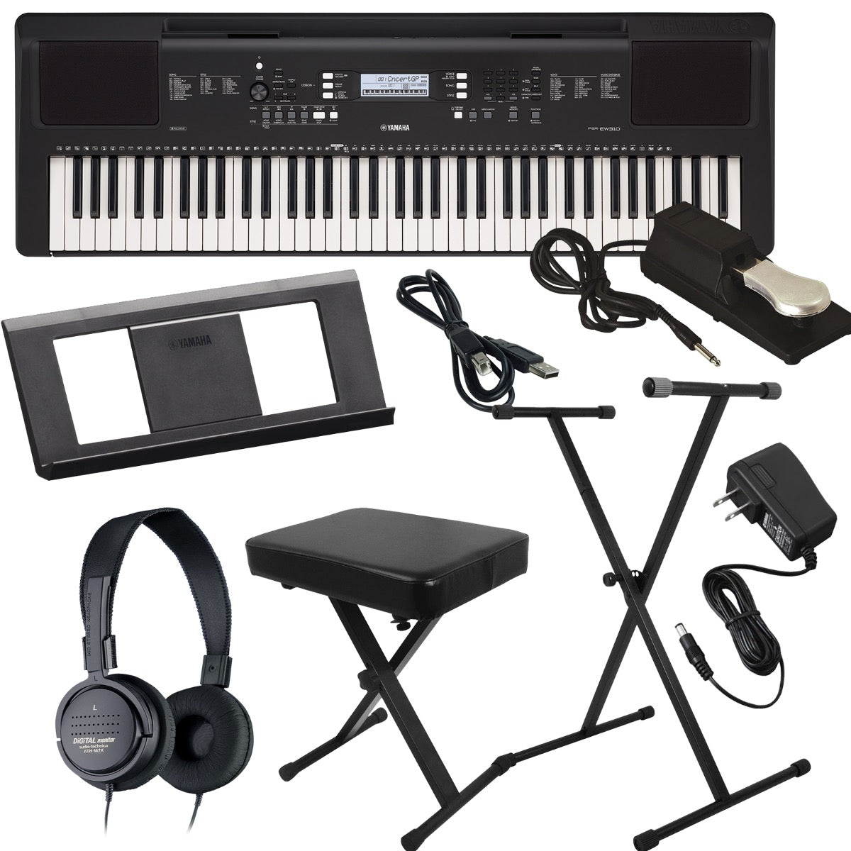 Collage of everything included with the Yamaha PSR-EW310 Portable Keyboard with Power Adapter KEY ESSENTIALS BUNDLE