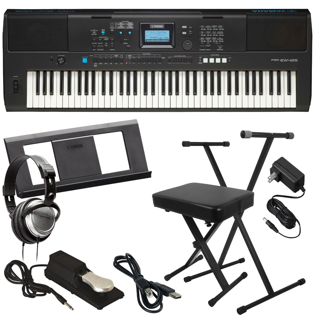 Collage of the Yamaha PSR-EW425 76-Note Portable Keyboard KEY ESSENTIALS BUNDLE showing the included components
