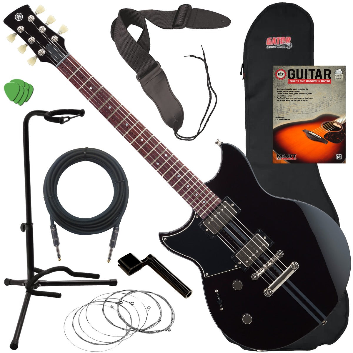 Collage of the components in the Yamaha RSE20L Revstar Element Left-Handed Electric Guitar - Black GUITAR ESSENTIALS BUNDLE