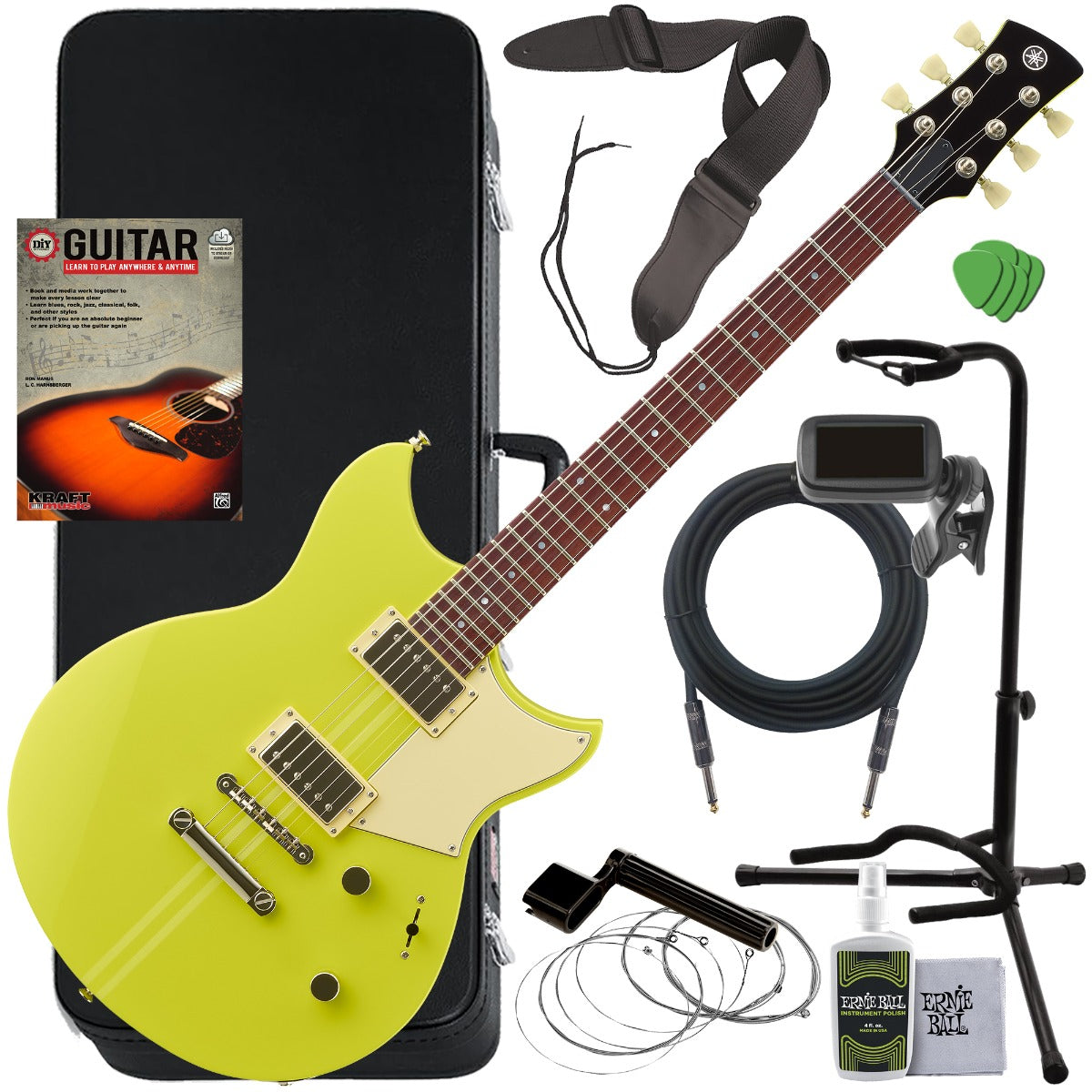 Collage of the components in the Yamaha RSE20 Revstar Element Electric Guitar - Neon Yellow COMPLETE GUITAR BUNDLE