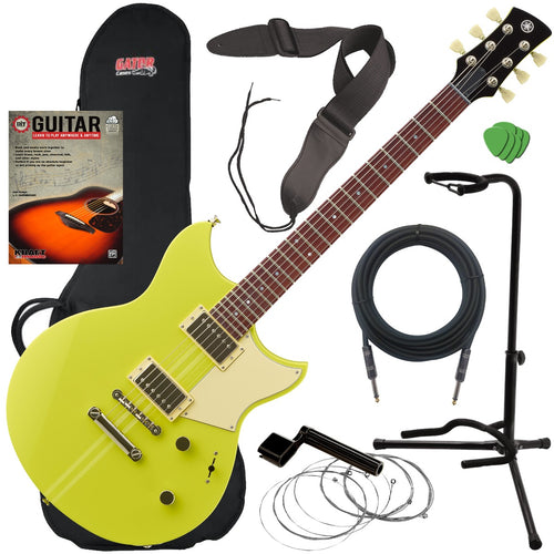 Collage of the components in the Yamaha Revstar RSE20 Electric Guitar - Neon Yellow GUITAR ESSENTIALS BUNDLE