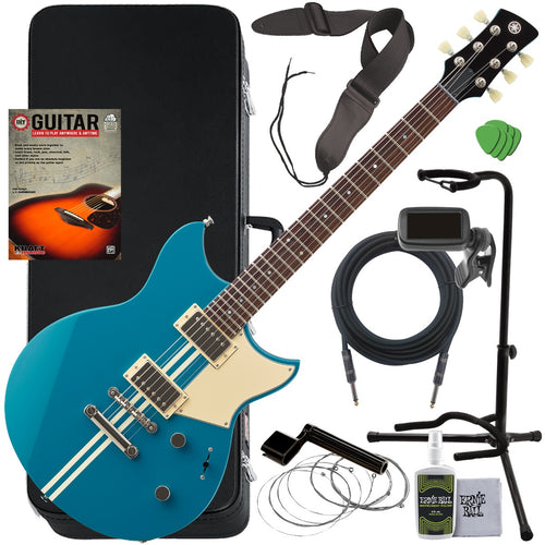 Collage of the components in the Yamaha RSE20 Revstar Element Electric Guitar - Swift Blue COMPLETE GUITAR BUNDLE