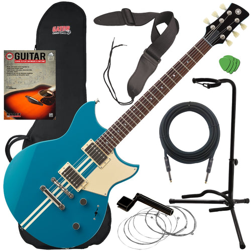 Collage of the components in the Yamaha RSE20 Revstar Element Electric Guitar - Swift Blue GUITAR ESSENTIALS BUNDLE