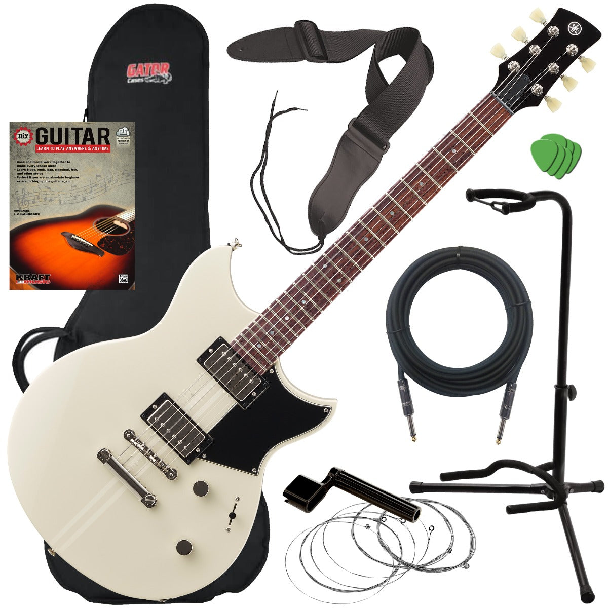 Collage of the components in the Yamaha RSE20 Revstar Element Electric Guitar - Vintage White GUITAR ESSENTIALS BUNDLE
