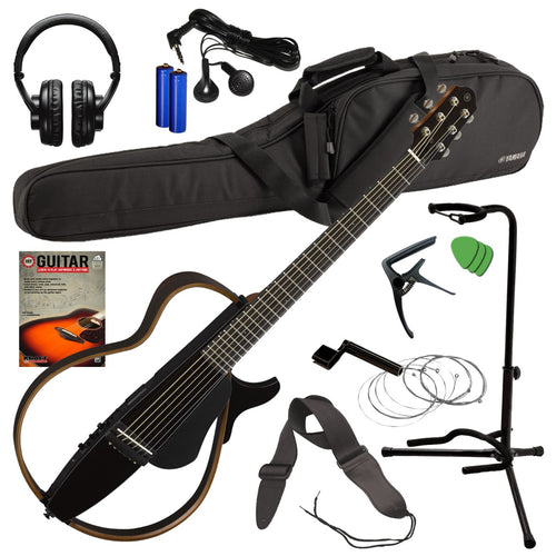 Collage image of the Yamaha SLG200S Silent Guitar - Translucent Black COMPLETE GUITAR BUNDLE